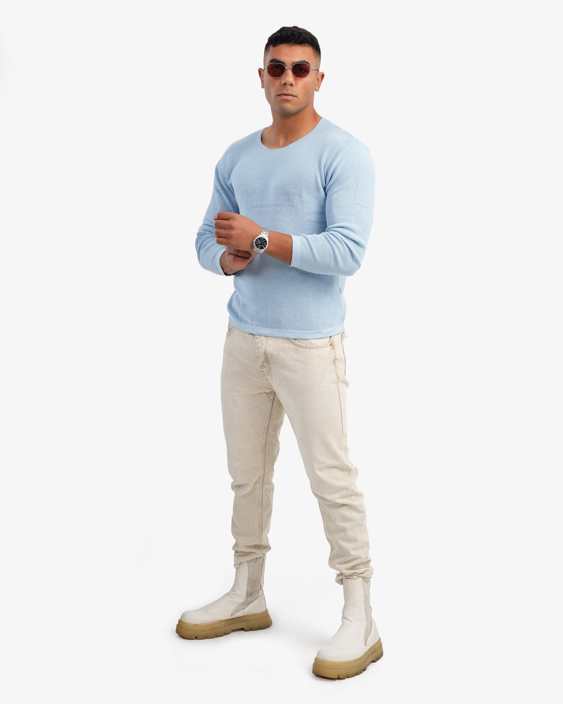 Men’s Boat Neck Basic Pullover In Baby Blue