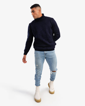 Men’s High Neck Ribbed Pullover In Dark Blue