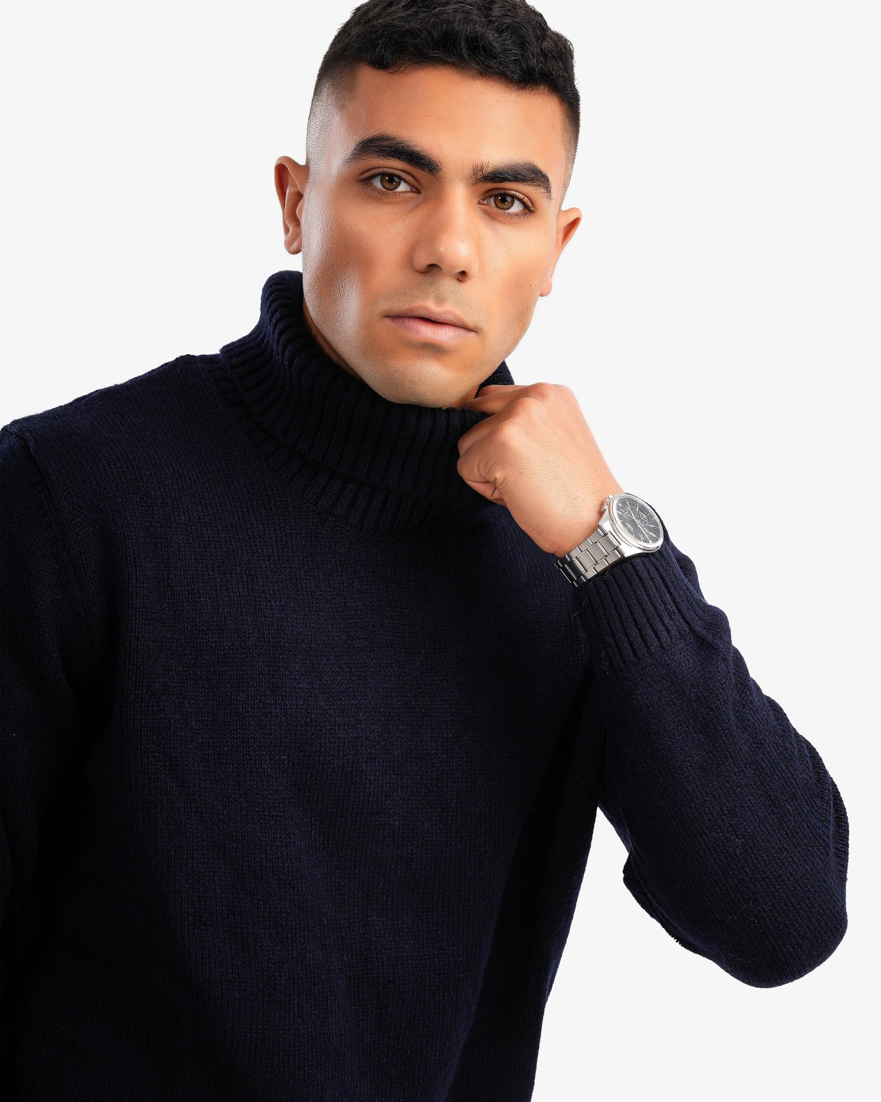 Men’s High Neck Ribbed Pullover In Dark Blue