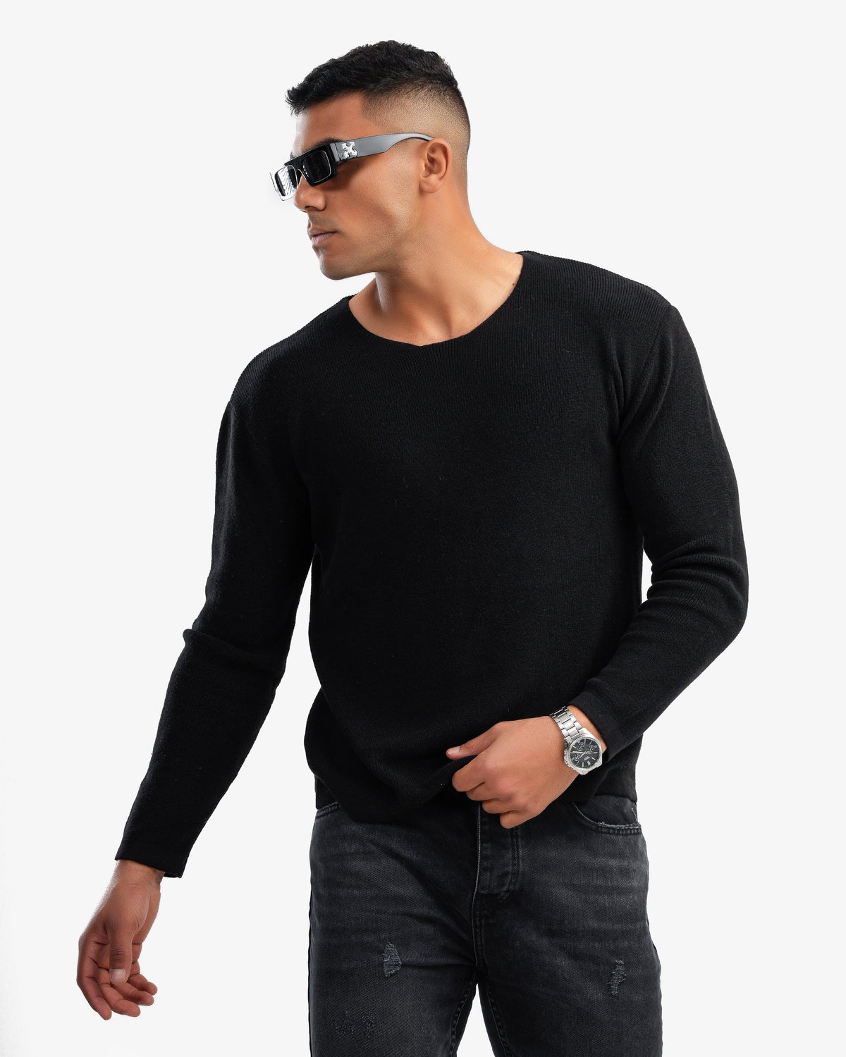 Men’s Boat Neck Basic Pullover In Black