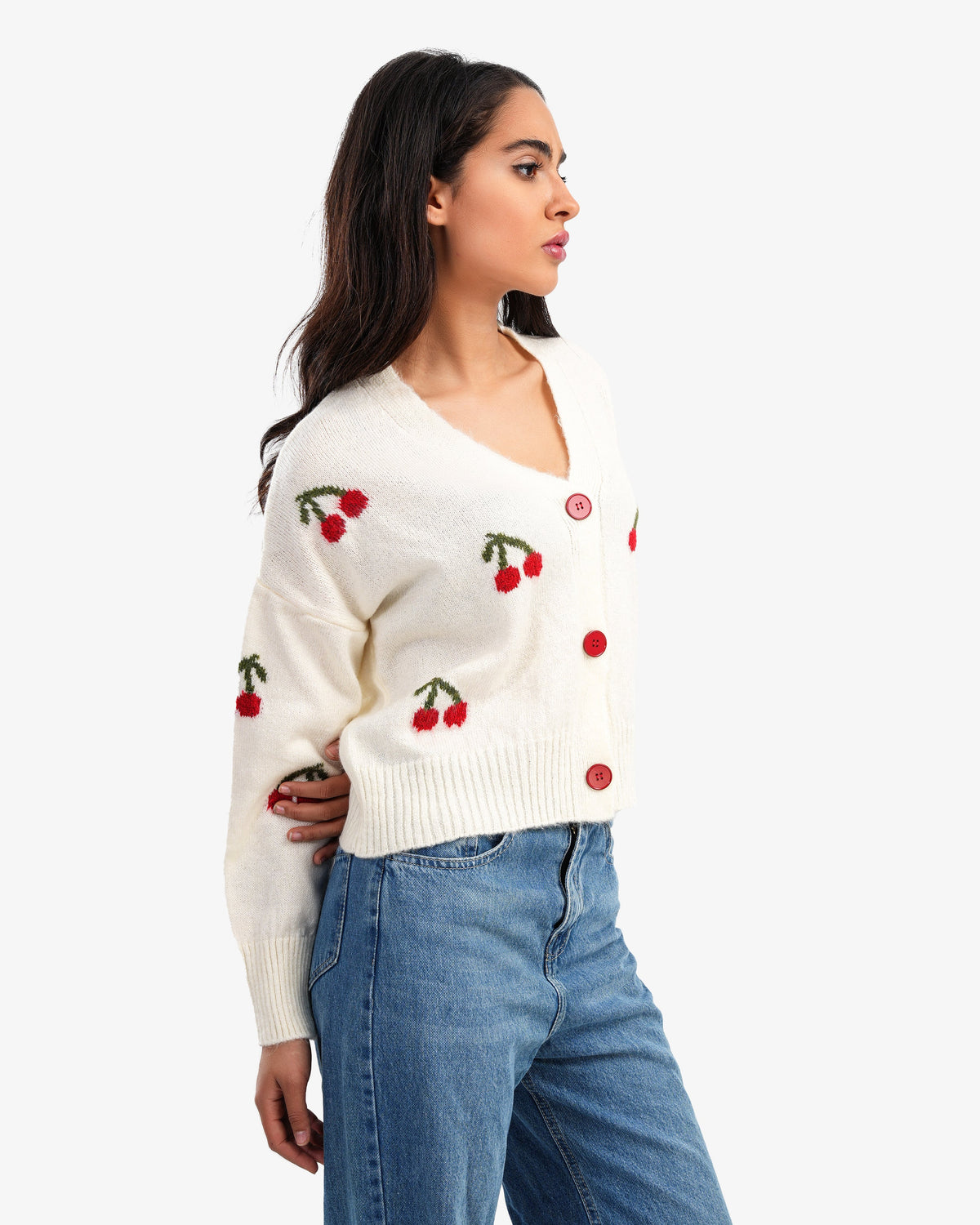 Women's Cherry Pattern V Neck Cardigan In Offwhite