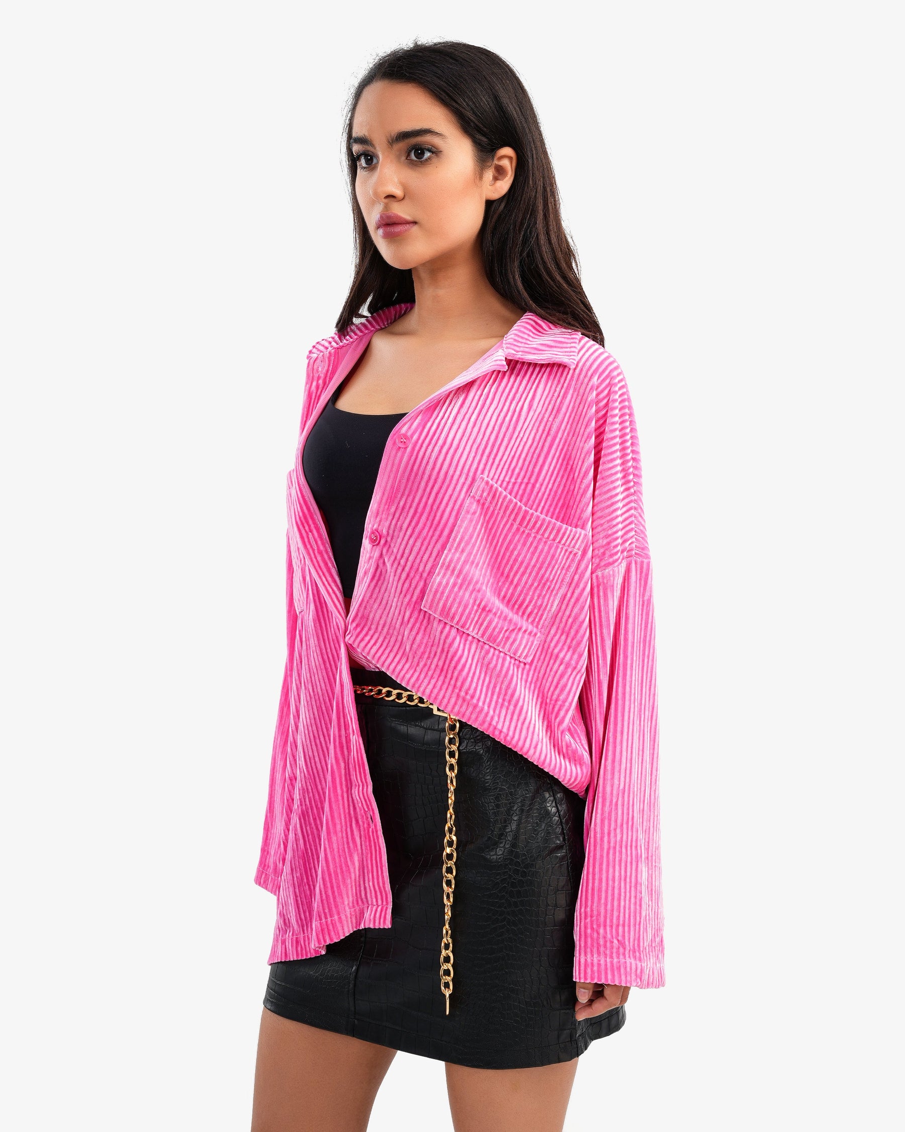 Women's Long Striped Velvet Shirt In Pink