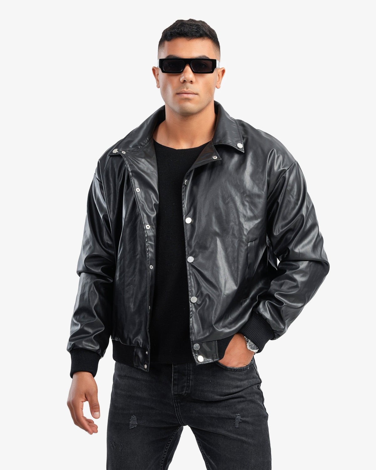 Men's Leather Jacket with Pockets In Black