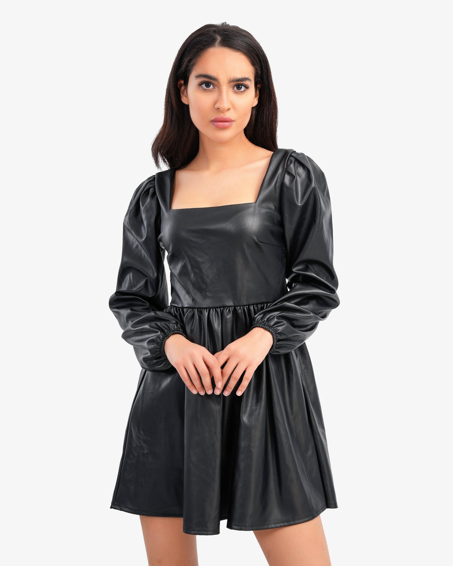 Women's Square Neck Chest Leather Dress In Black