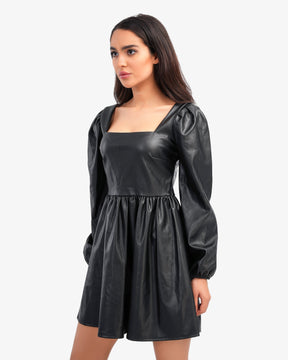 Women's Square Neck Chest Leather Dress In Black