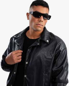 Men's Leather Jacket with Pockets In Black