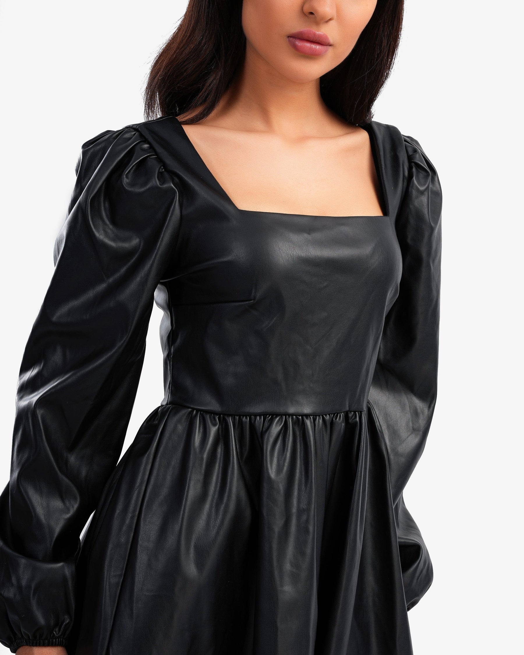 Women's Square Neck Chest Leather Dress In Black