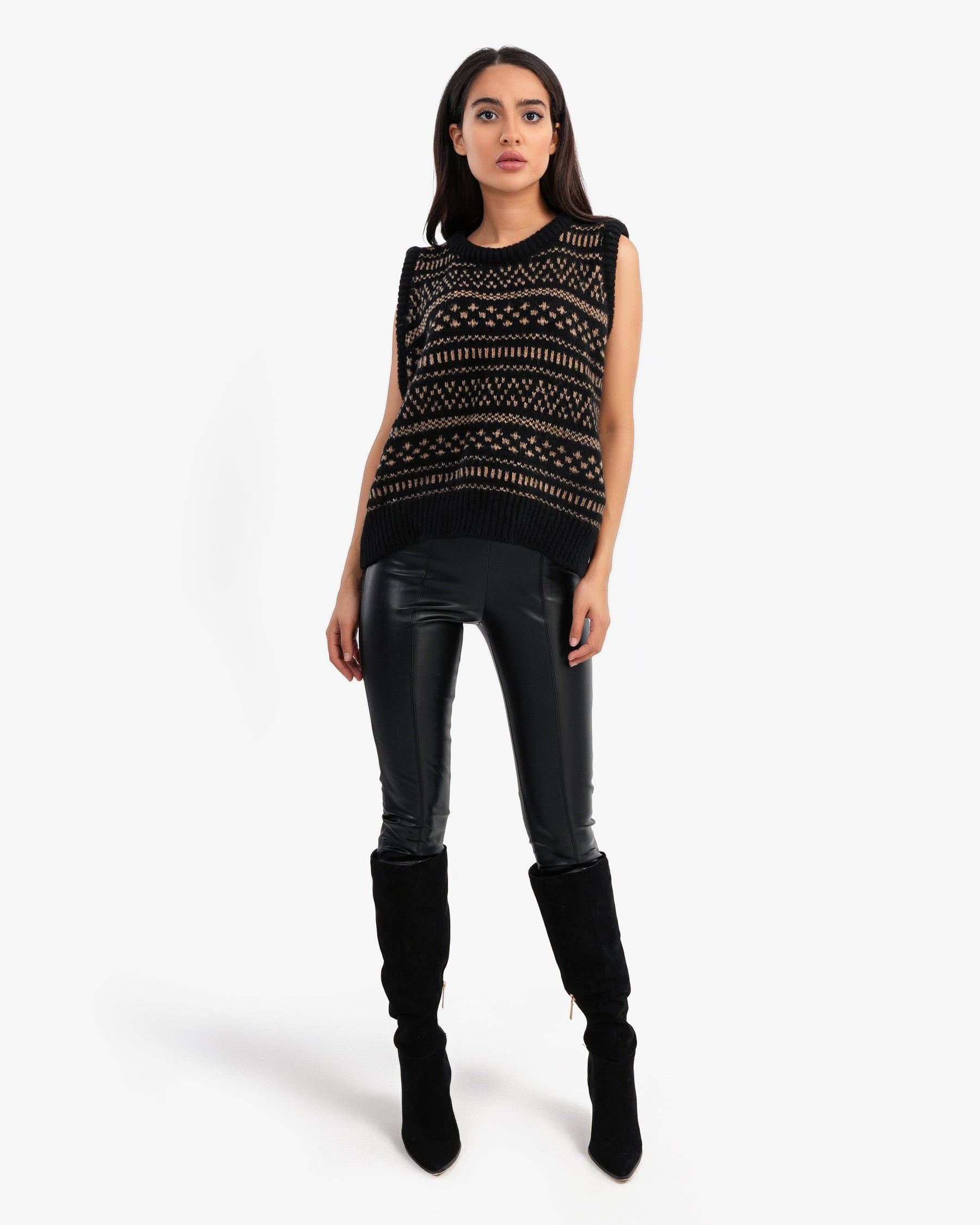 Women's Patterned Crewneck Vest In Black