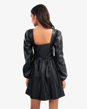 Women's Square Neck Chest Leather Dress In Black