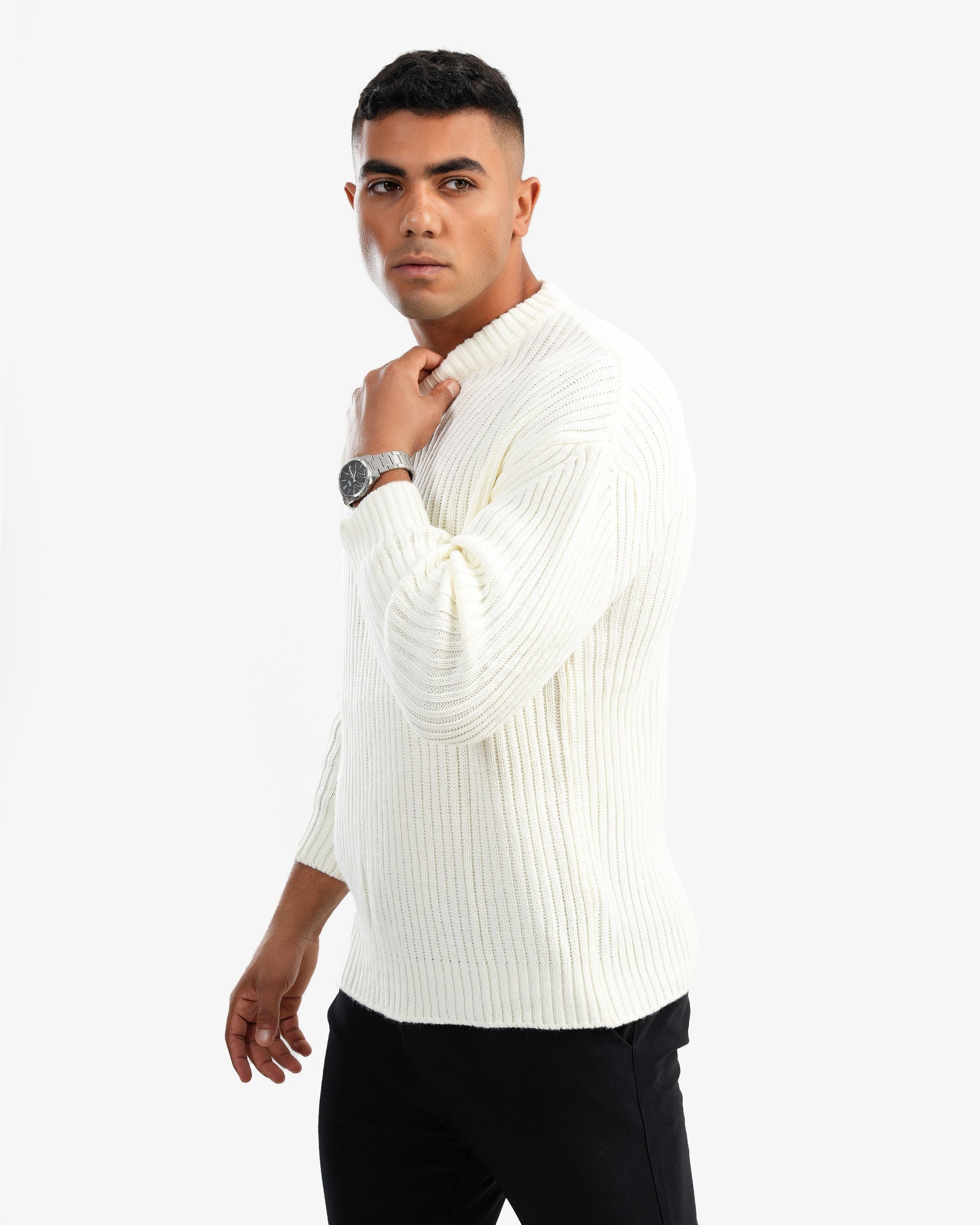 Men's Crew Neck Ripped Pullover In White