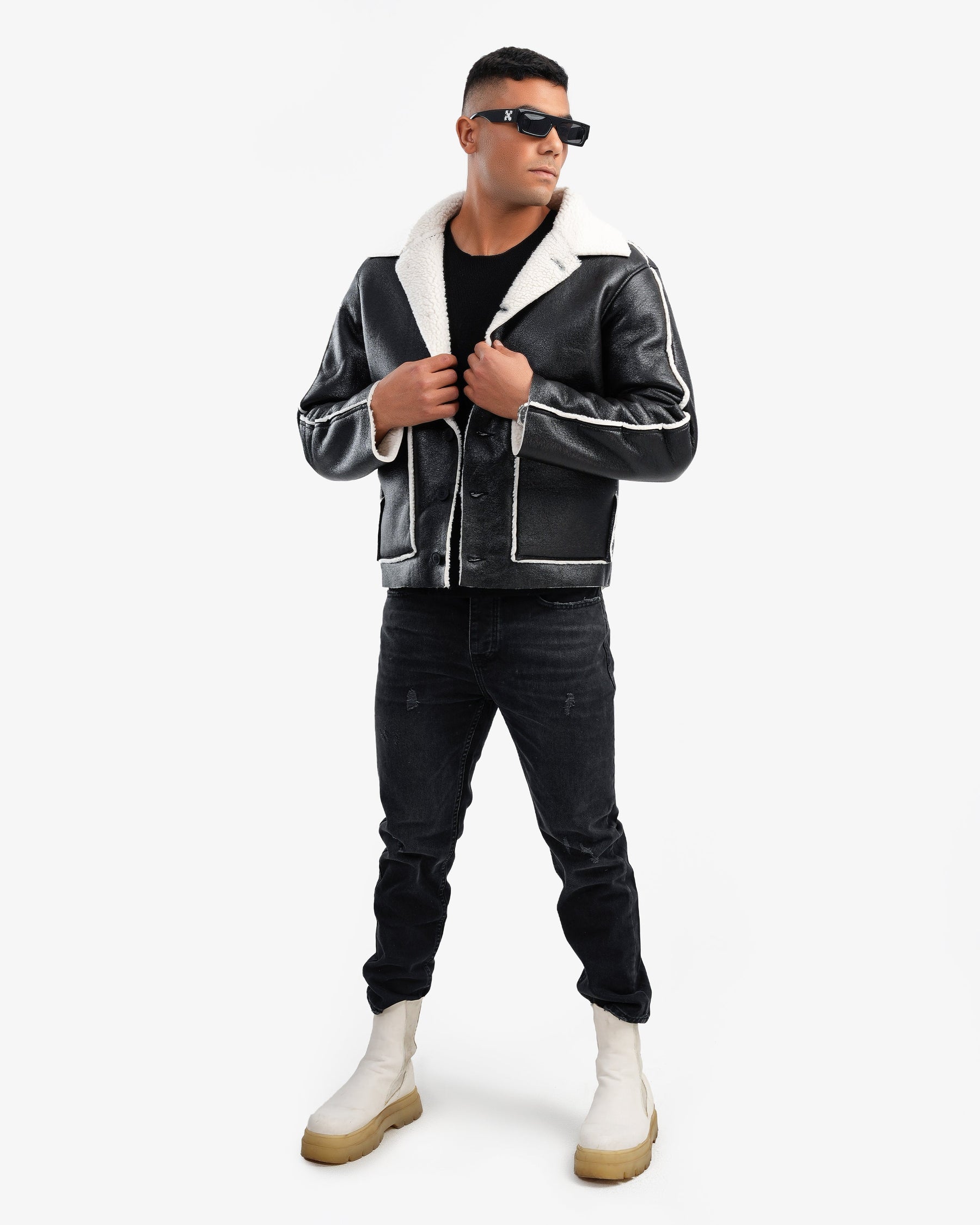 Men’s Leather Jacket with White Shearling