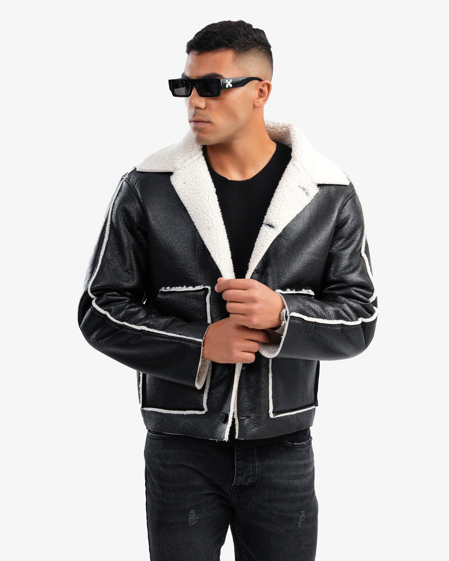 Men’s Leather Jacket with White Shearling