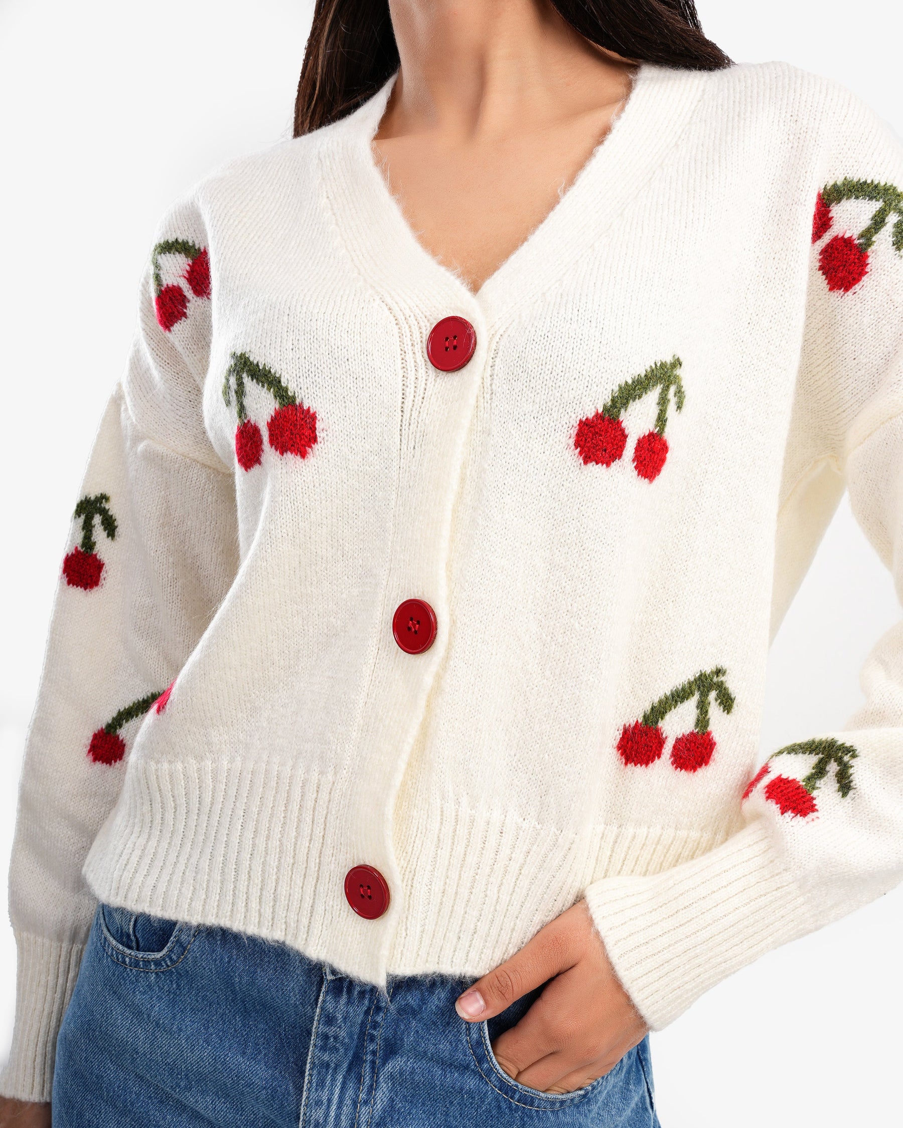 Women's Cherry Pattern V Neck Cardigan In Offwhite