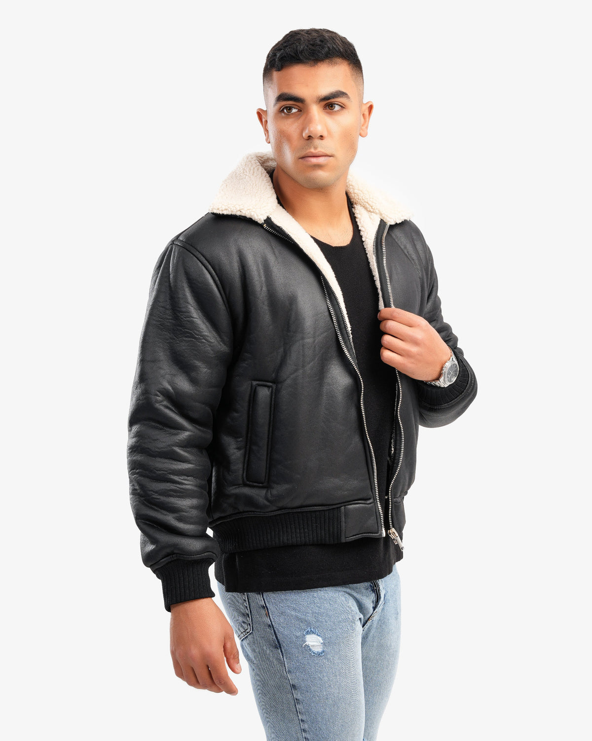 Men's Bomber Leather Jacket In Black