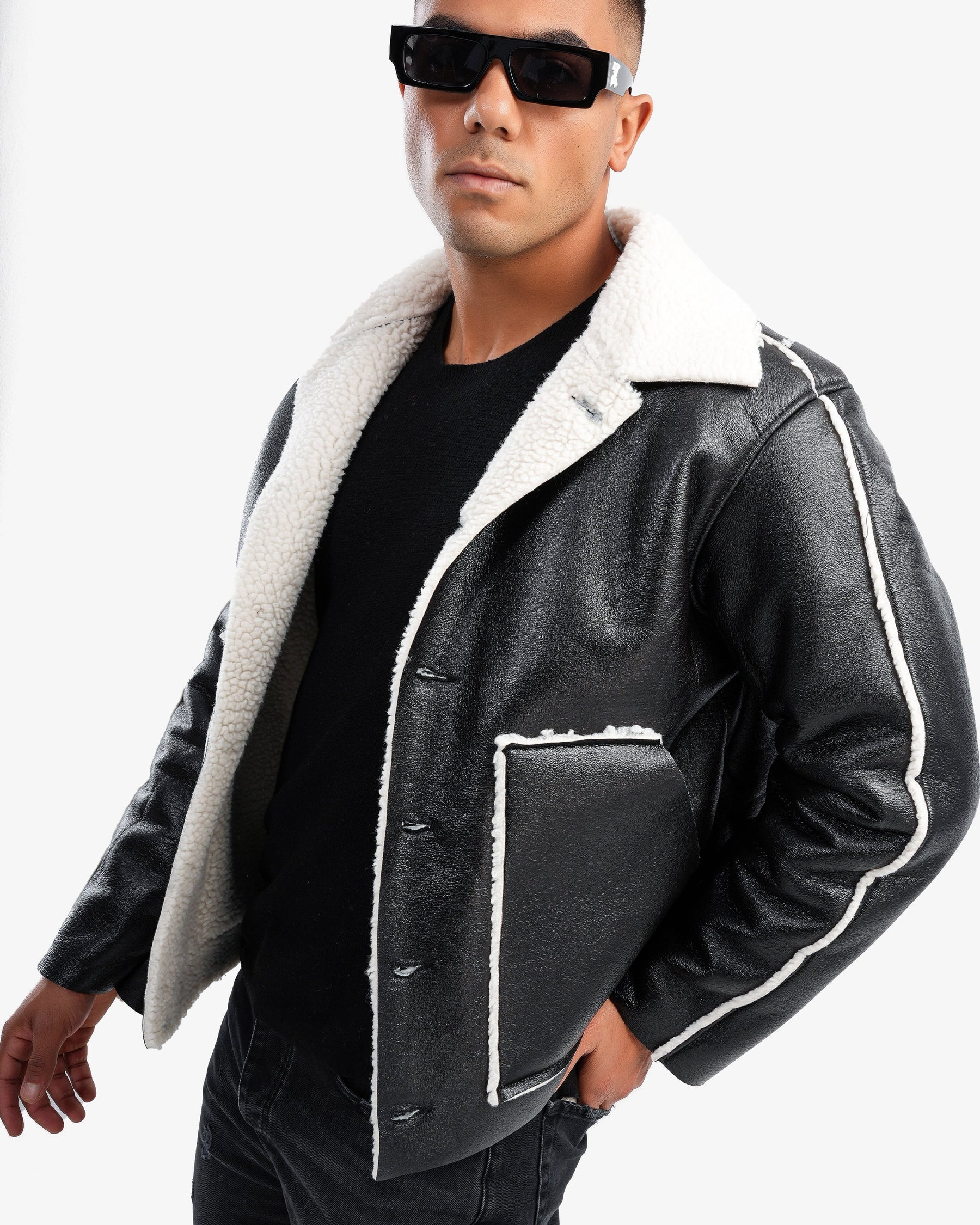 Men’s Leather Jacket with White Shearling