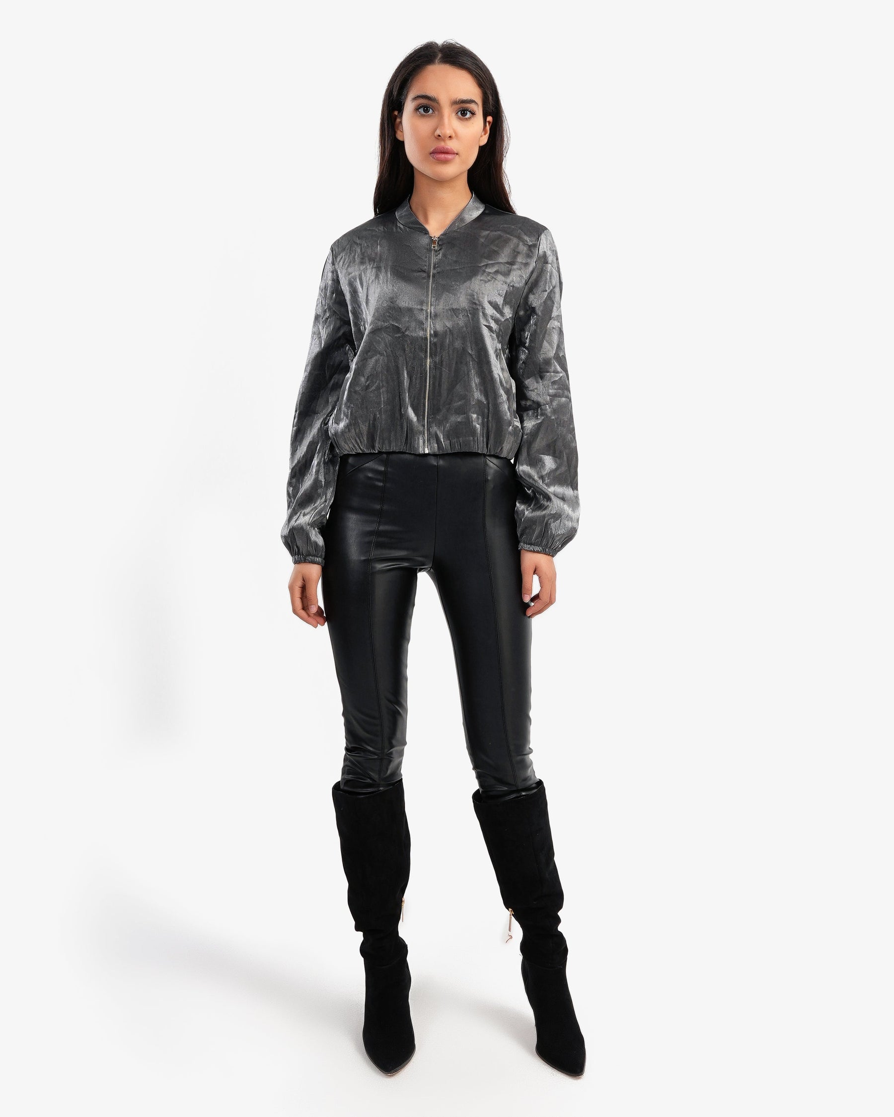 Women's Metallic Leather Bomber Jacket