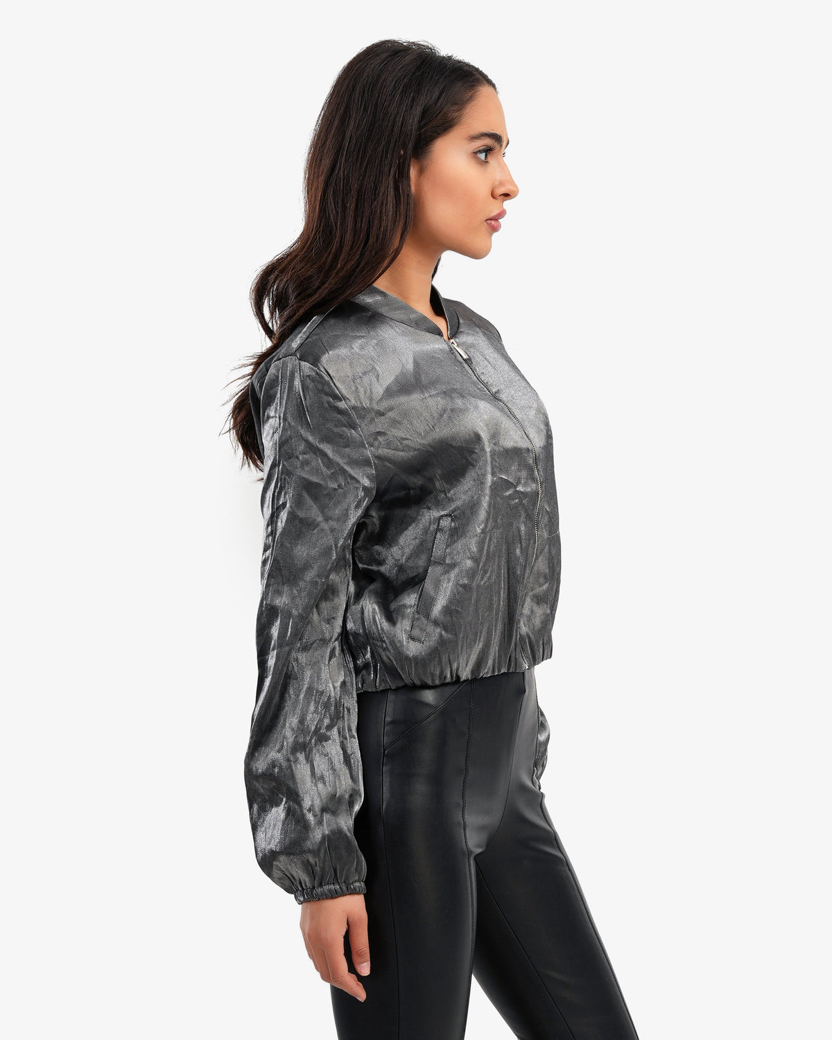 Women's Metallic Leather Bomber Jacket