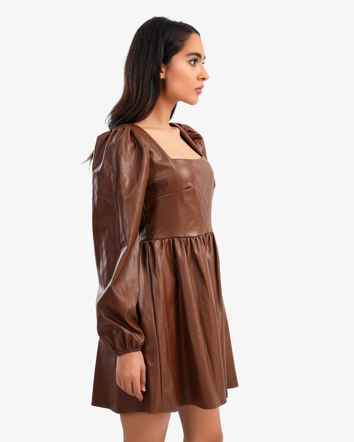 Women's Square Neck Chest Leather Dress In Brown