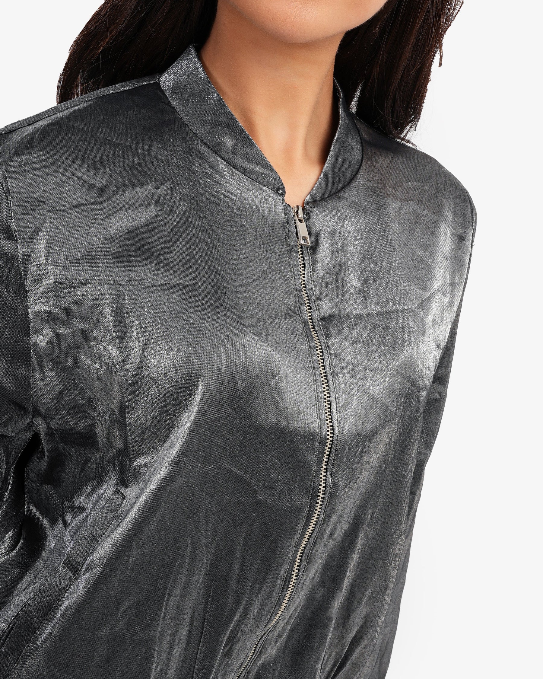 Women's Metallic Leather Bomber Jacket