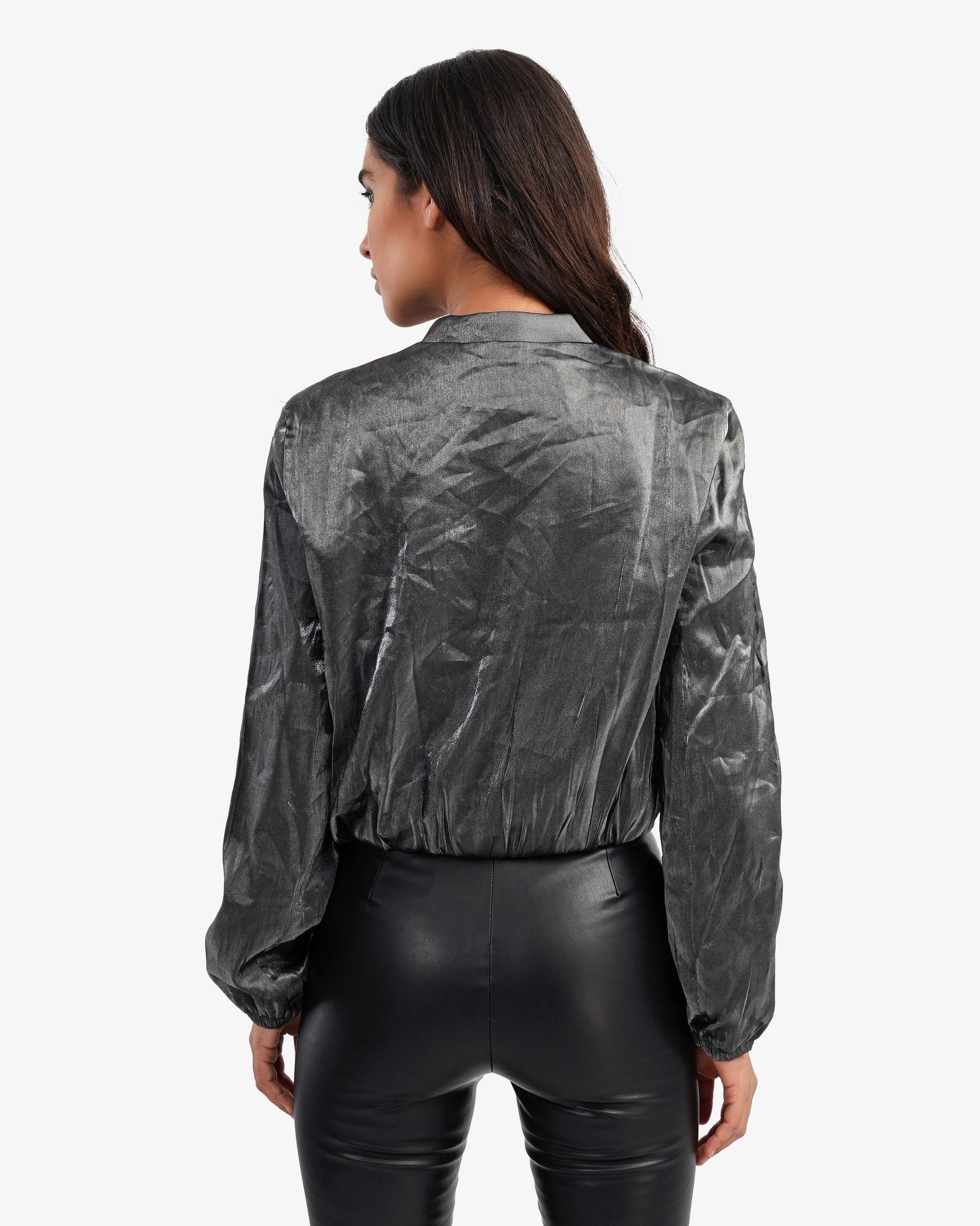 Women's Metallic Leather Bomber Jacket