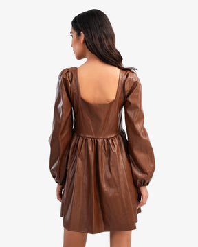 Women's Square Neck Chest Leather Dress In Brown