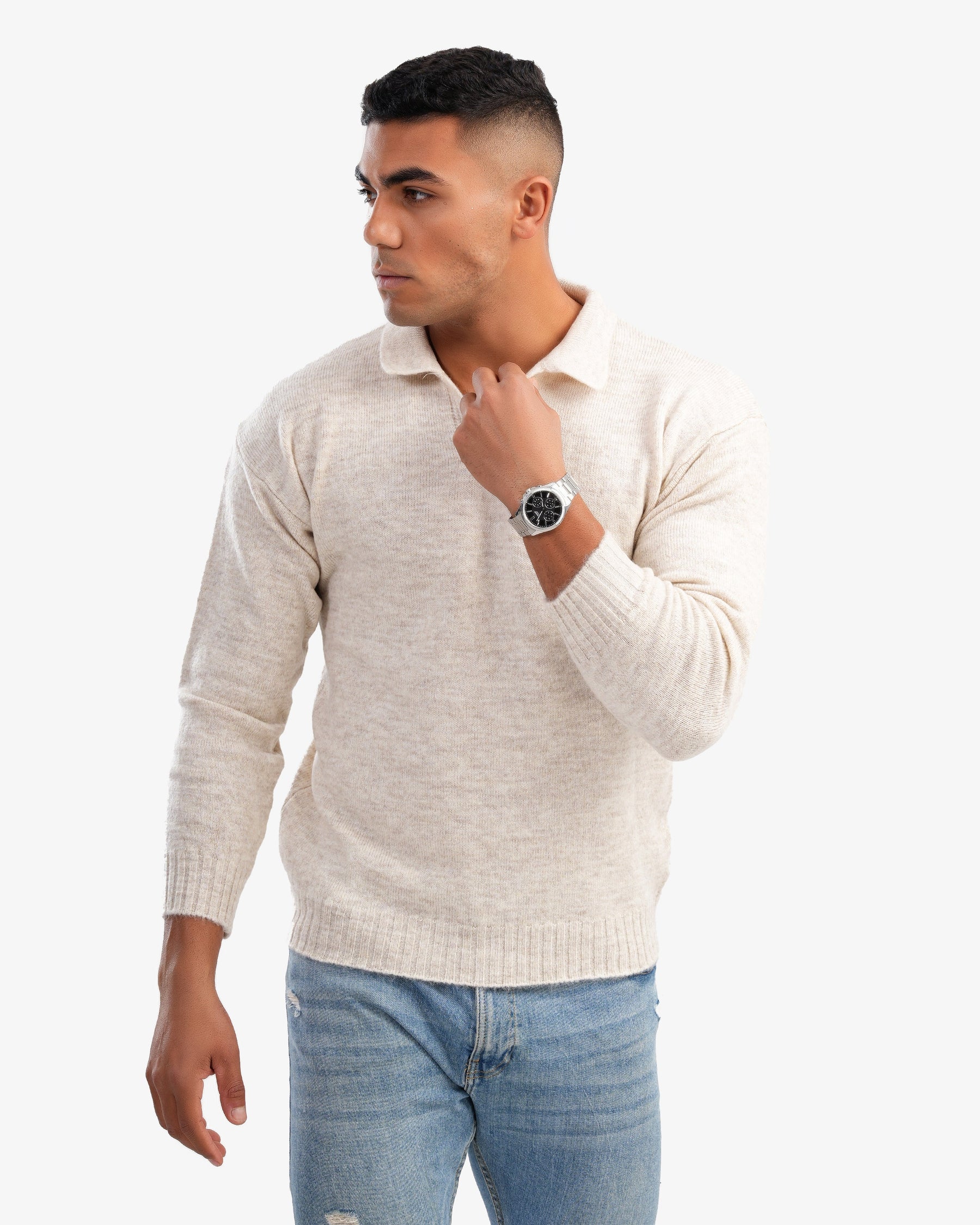 Men’s V Neck Basic Pullover In Beige