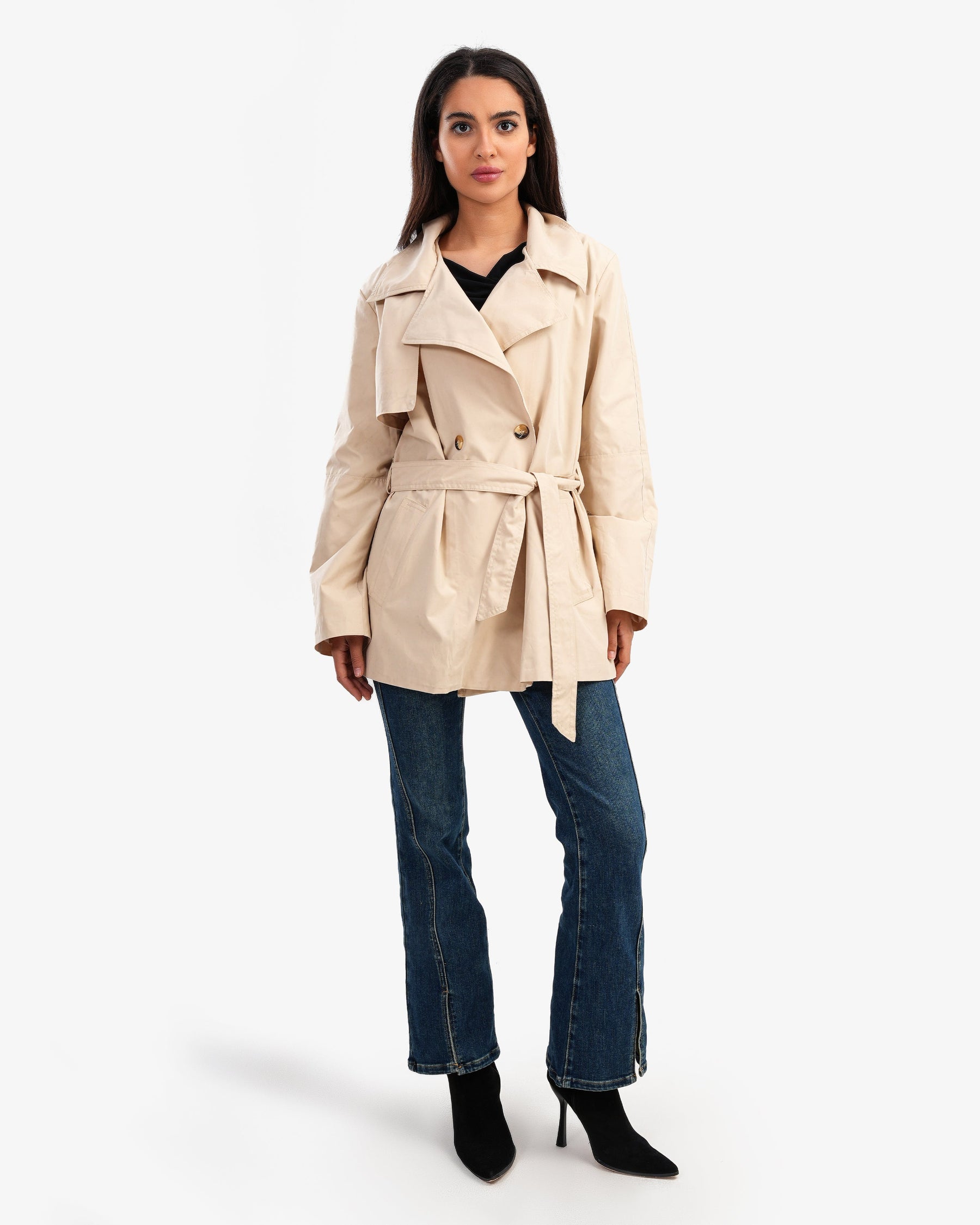 Women's Trench Short Coat With Gold Toned Buttons In Beige