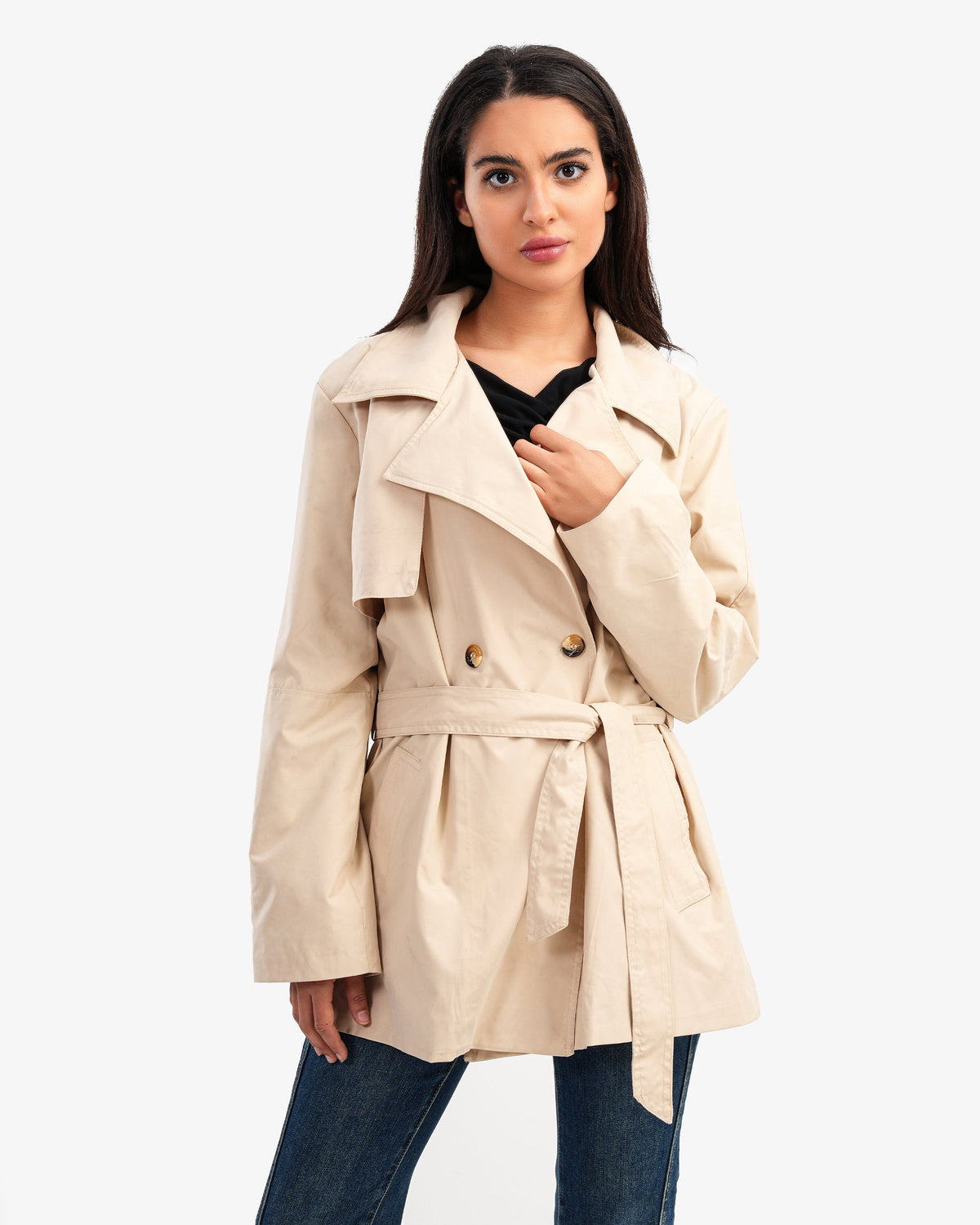 Women's Trench Short Coat With Gold Toned Buttons In Beige