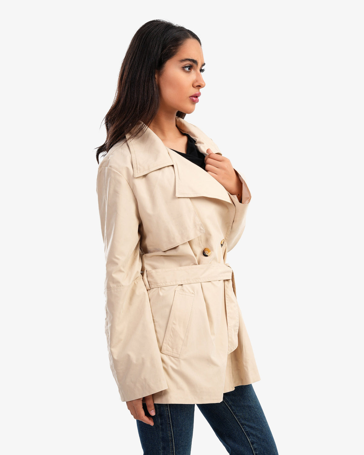 Women's Trench Short Coat With Gold Toned Buttons In Beige