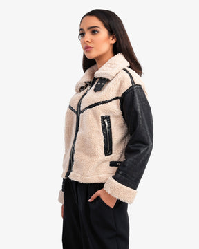 Women's Sleeve Leather Shearling Jacket In Beige