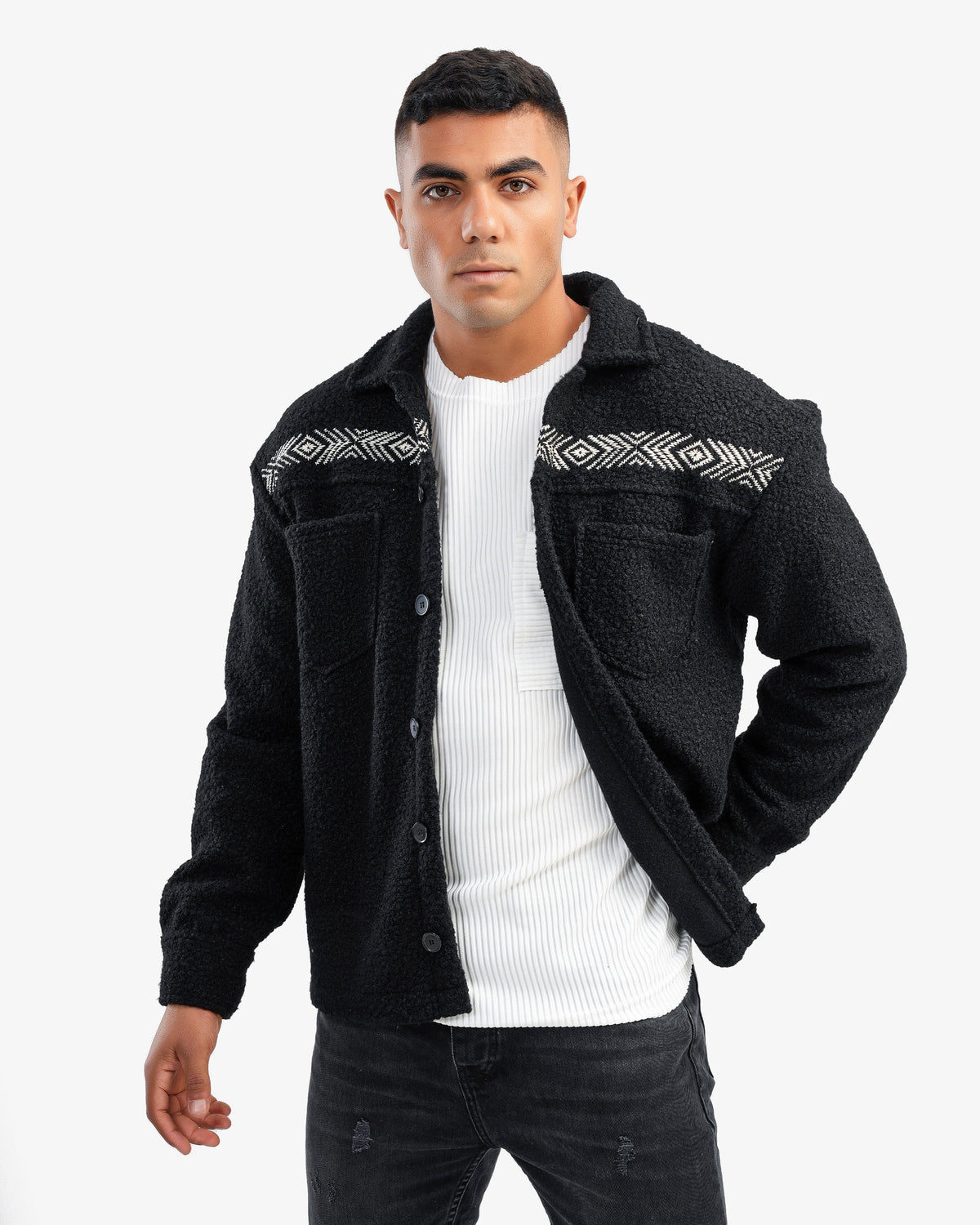 Men’s Textured Trucker Overshirt In Black