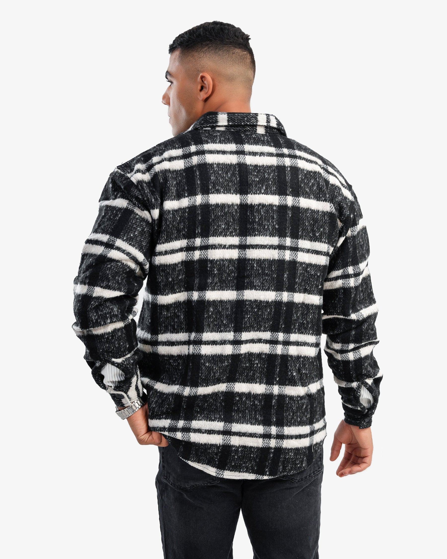 Men's Collar Wool Stripped Long Sleeve Shirt In Black