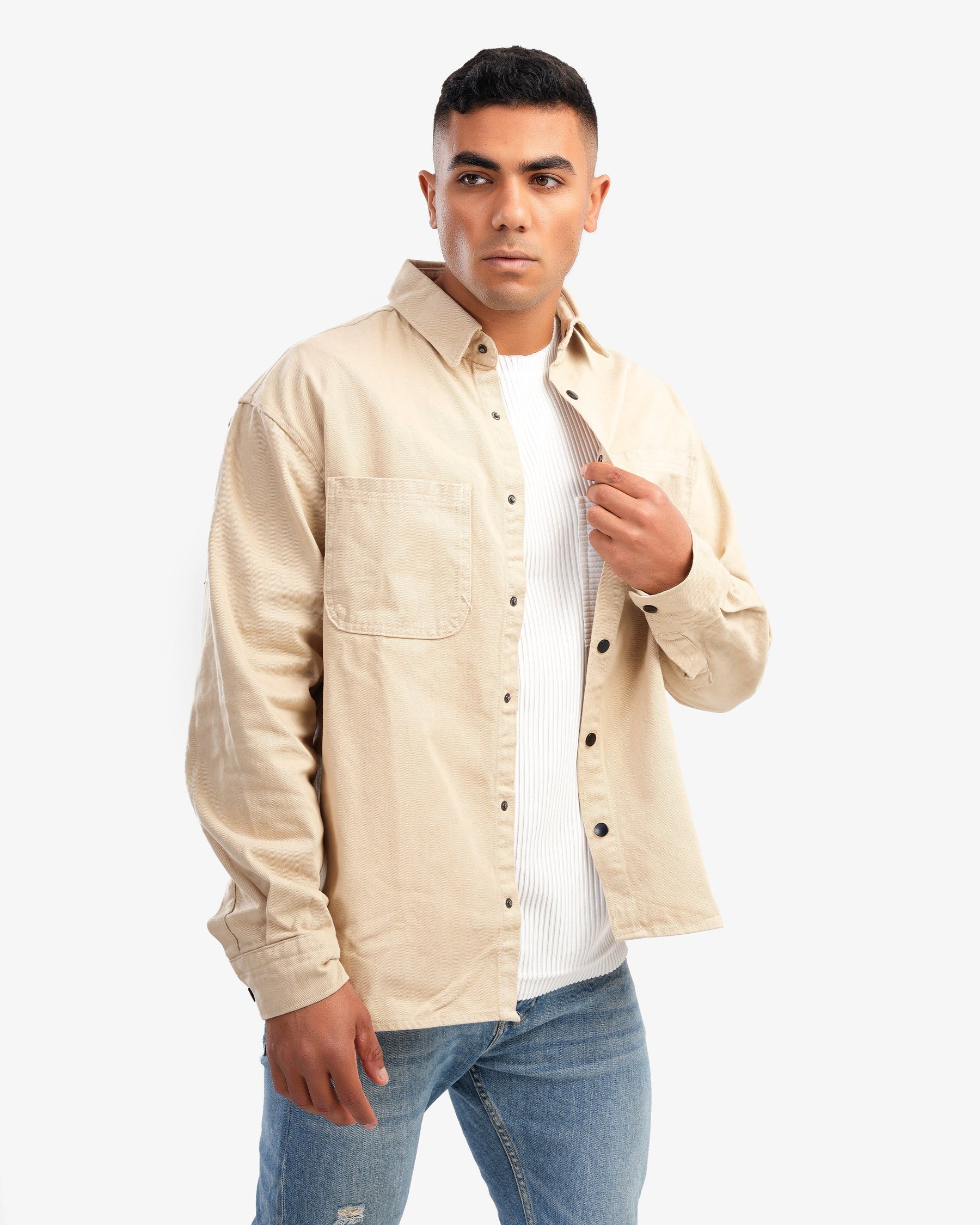 Men's Collar Overshirt In Beige