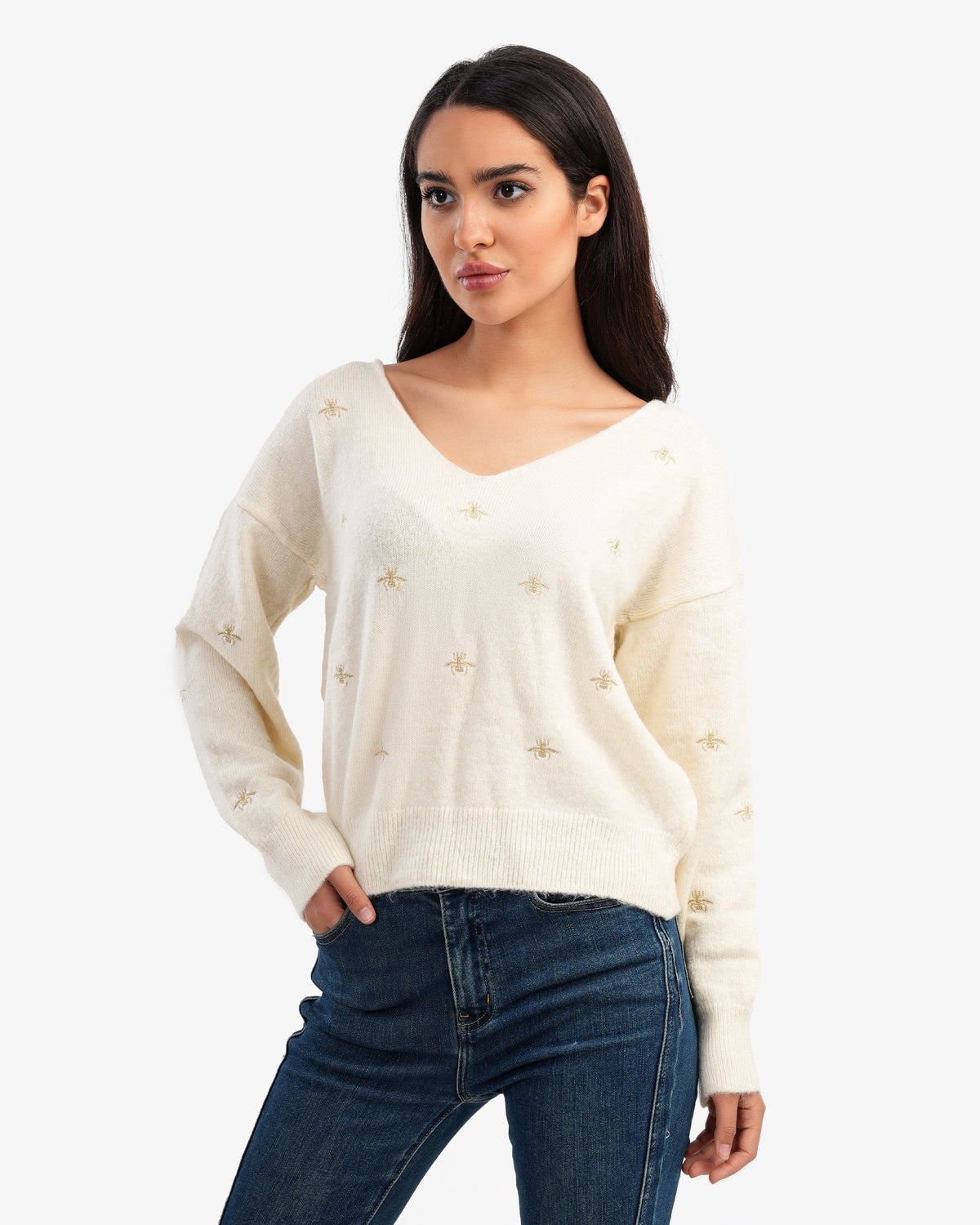 Women's V Neck Pullover In Off White