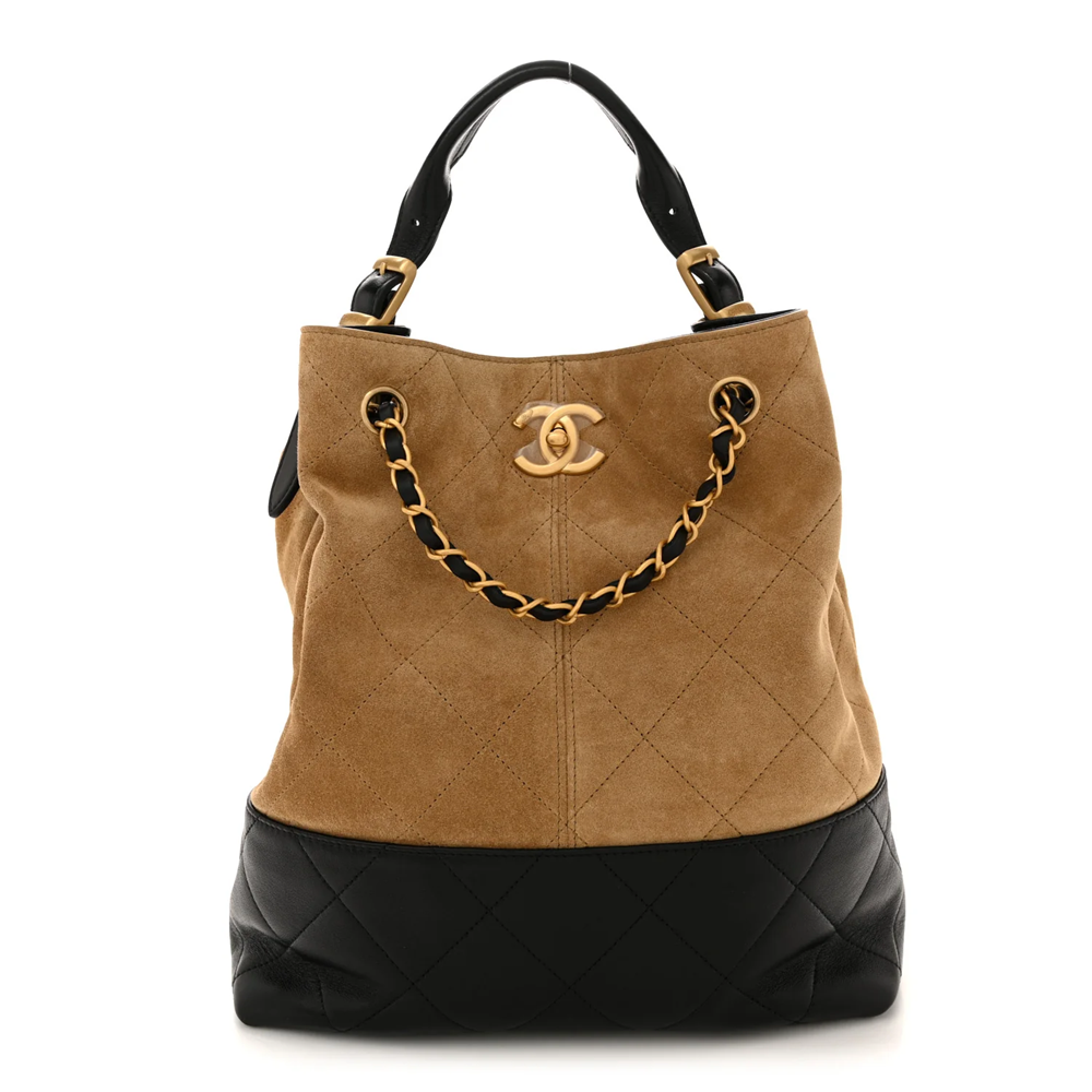 Chanel Suede Calfskin Shiny Lambskin Quilted Shopping Bag Beige Black