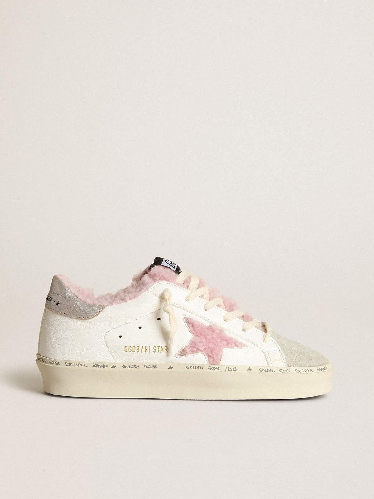 Women's Golden Goose Hi Star in white nappa with pink shearling star and lining