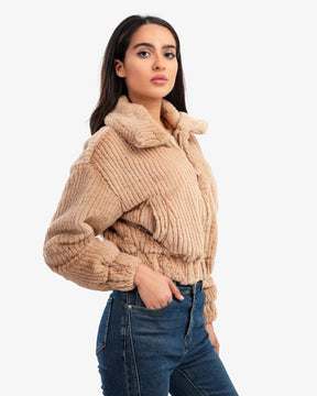 Women's Plain Fluffy Jacket In Beige