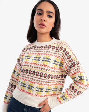 Women's Printed Knitted Sweater In Beige