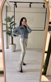 Women's Flared Leather Trousers In Silver