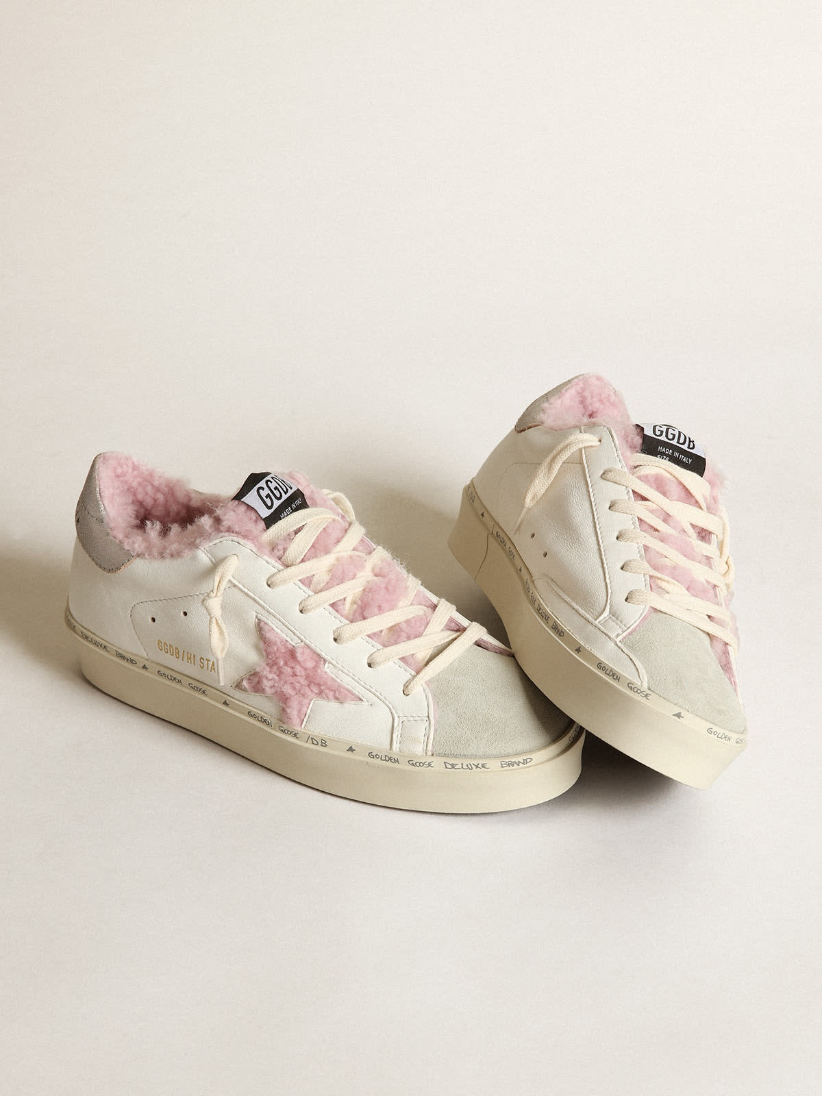Women's Golden Goose Hi Star in white nappa with pink shearling star and lining