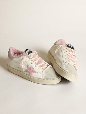 Women's Golden Goose Hi Star in white nappa with pink shearling star and lining