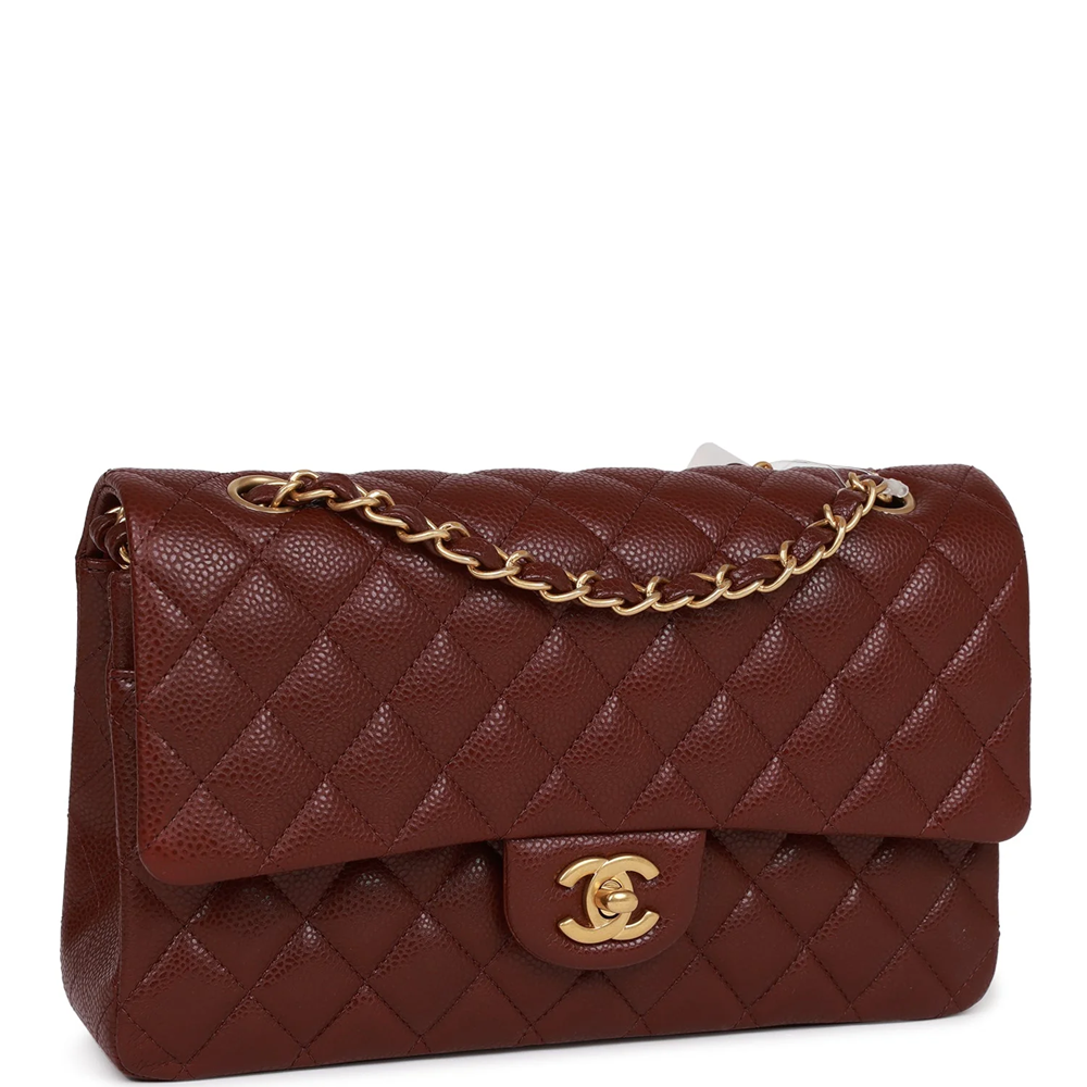 CHANEL Classic Quilted Double Flap Medium Burgundy Caviar Leather Shoulder Bag