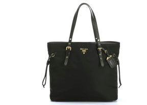 Prada Tessuto Nylon Saffiano Leather Black Top Zip Tote Bag