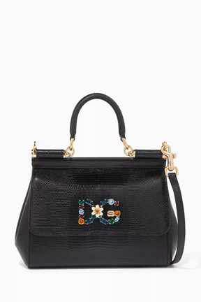Dolce & Gabbana Black Small Miss Sicily Iguana Leather Bag