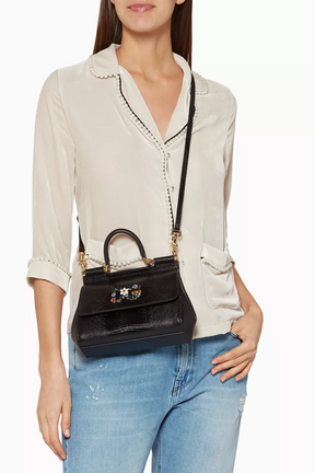 Dolce & Gabbana Black Small Miss Sicily Iguana Leather Bag