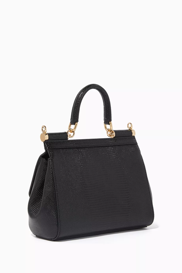 Dolce & Gabbana Black Small Miss Sicily Iguana Leather Bag