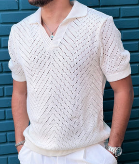 Men's White Crochet V Neck Collar T-shirt