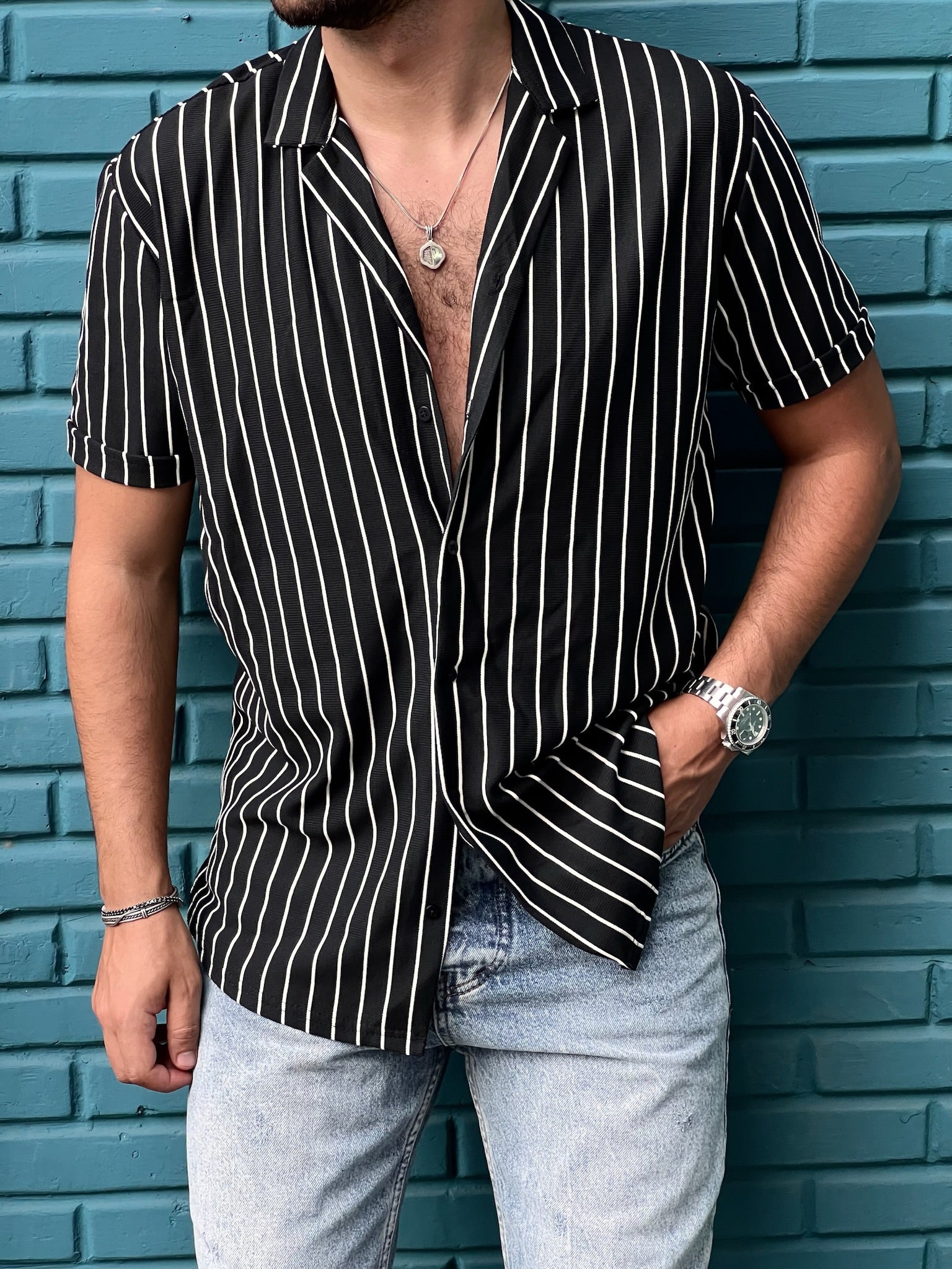 Men's Black Striped V Neck Apache Collar Shirt