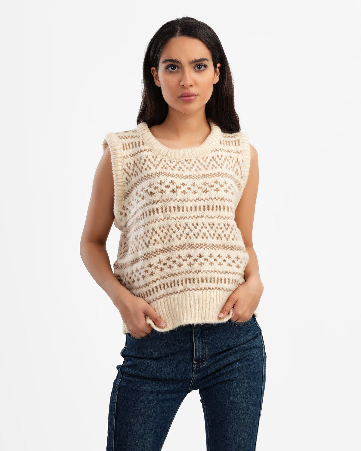 Women's Patterned Crewneck Vest In Beige