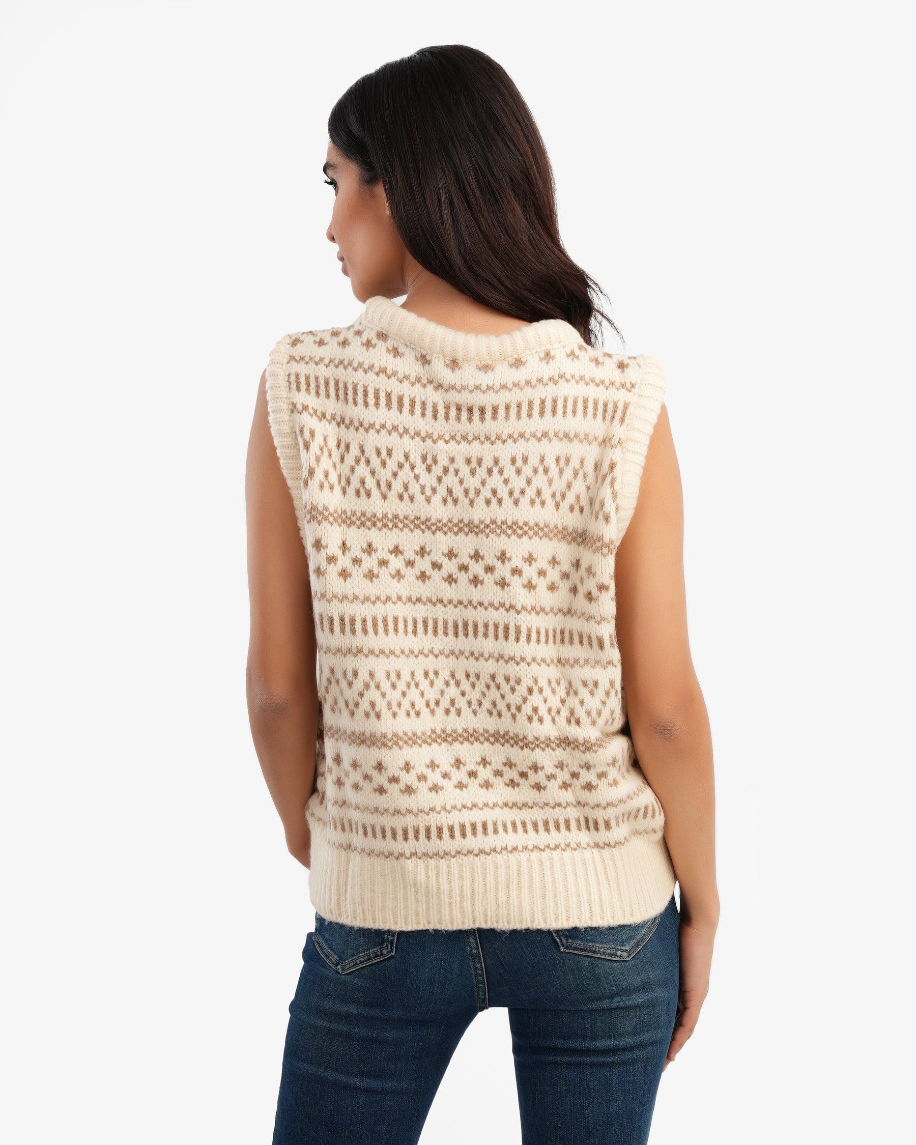 Women's Patterned Crewneck Vest In Beige